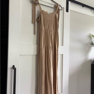 Tan Linen V-Accent Tie Strap Maxi Dress